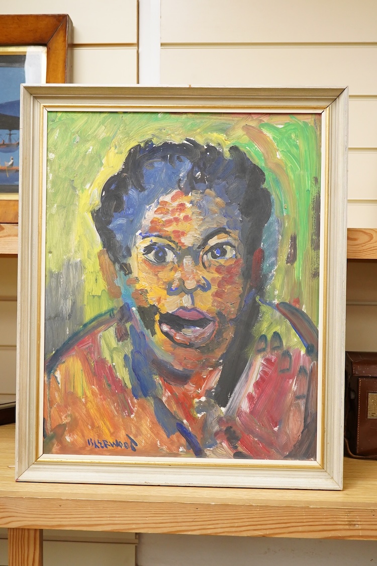 James Isherwood (1917-1989), portrait of an African woman, signed, oil on board, 49 x 39cm, Provenance - A friend of the artist